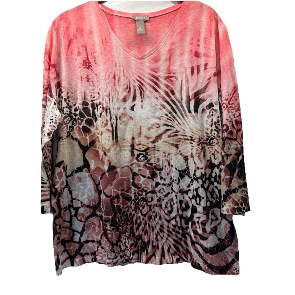 Chicos Women's Top Size Large 3/4 Sleeve Animal Mixed Prints Pink Brown Pullover